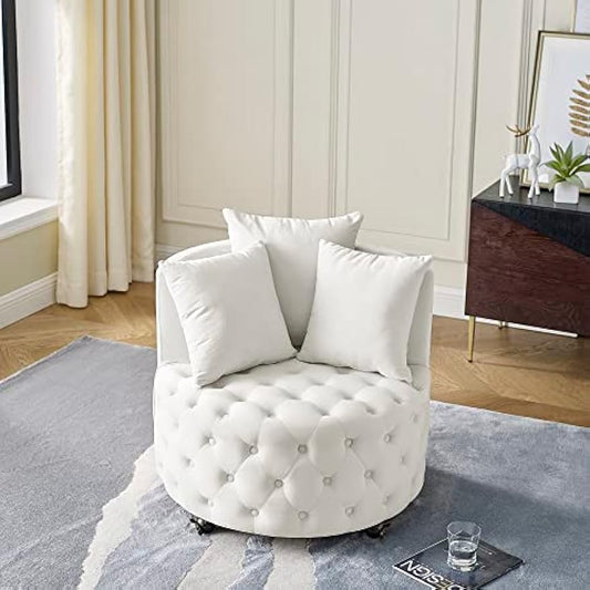 Velvet Upholstered Living Room Swivel, Button Tufted Design and Movable Wheels,Modern Style Home Office Rotary Sofa Chair,w/ 3 Pillows,for Bedroom,Hotel,Apartment,Beige