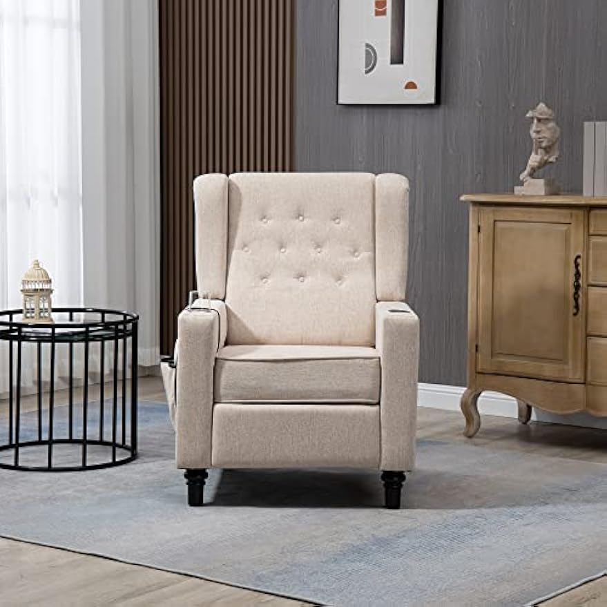 CHARMMA Arm Pushing Recliner Chair, Modern Button Tufted Wingback Push Back Recliner Chair, Living Room Chair Fabric Pushback Manual Single Reclining Sofa Home Theater Seating for Bedroom,Khaki Yelkow