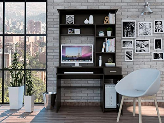 Bellemave Computer Desk with Hutch and Keyboard Tray, Home Office Desks with Drawers and Storage Shelves, Writing Study Desk Table, Modern Compact Workstation, Black