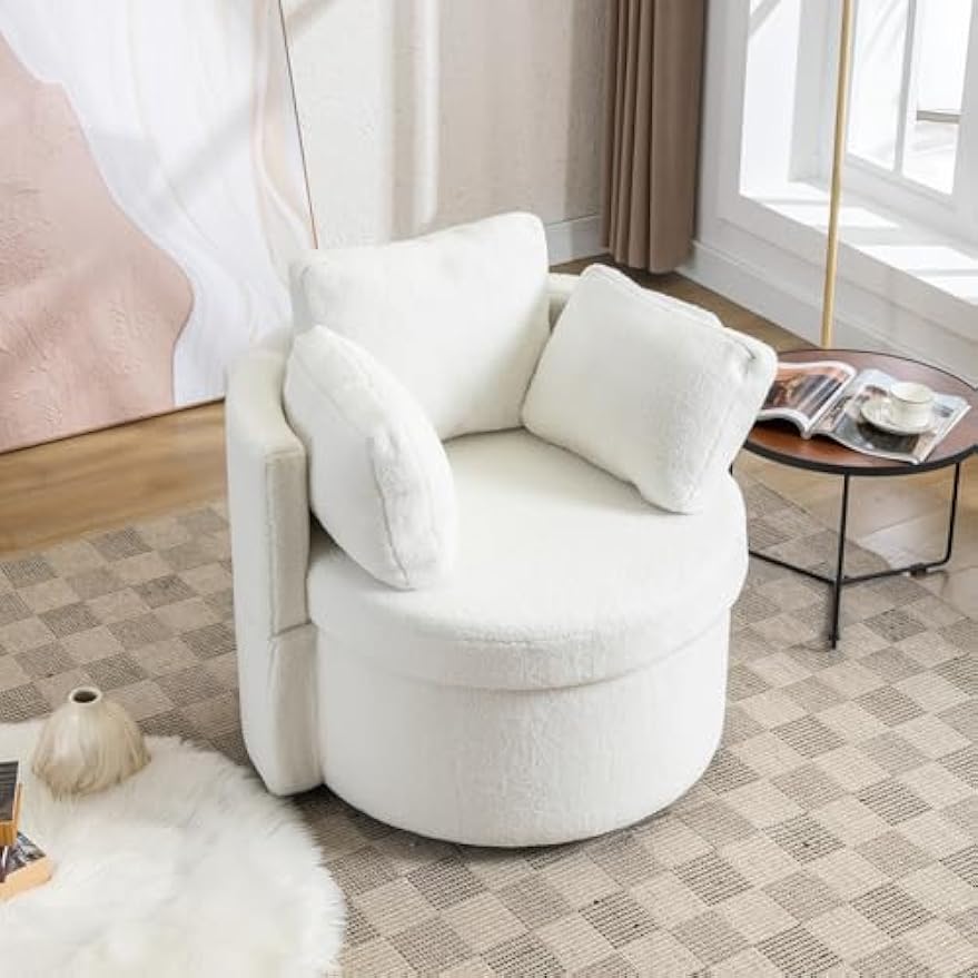 Round Swivel Cuddle Barrel Armchairs with Wide Upholstered, Accent Storage Chairs Fluffy Wool Fabric Chair for Living Room, Bedroom, Office, Waiting Rooms Ivory As Shown