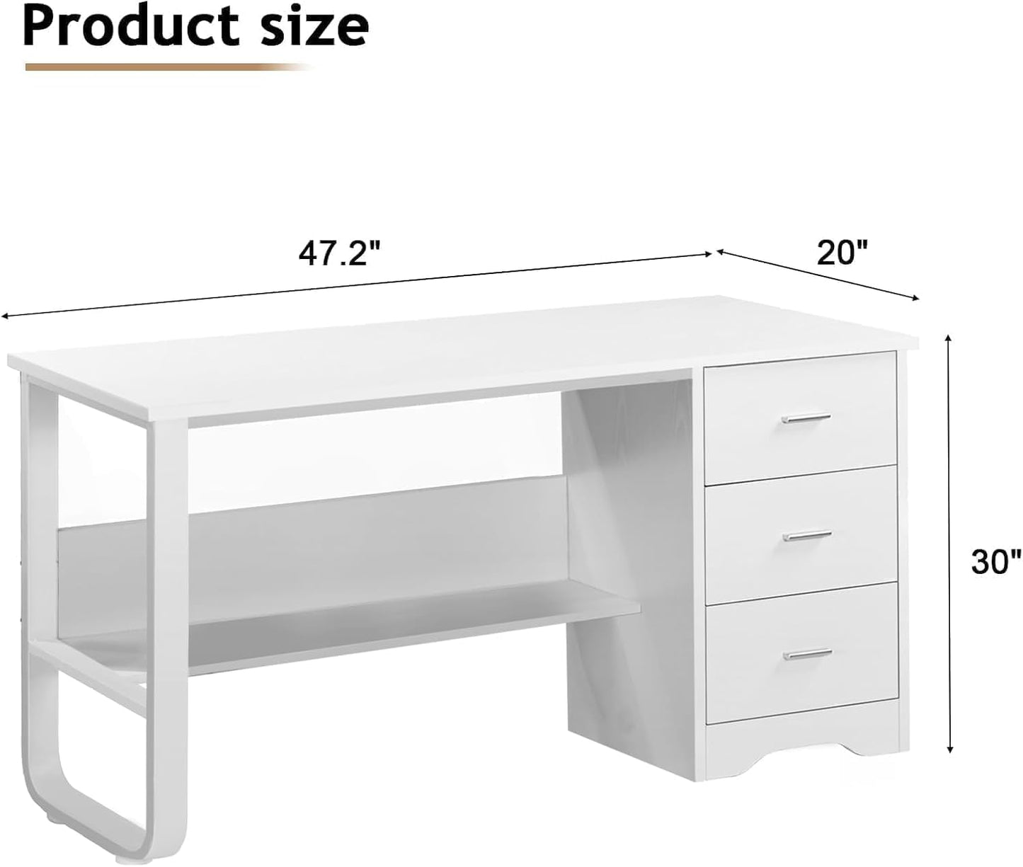 White Desk with 3 Drawers, 47 Inch Computer Desk with Drawers for Bedroom, Small Home Office Desk with File Cabinet, Bottom Shelves for Small Spaces