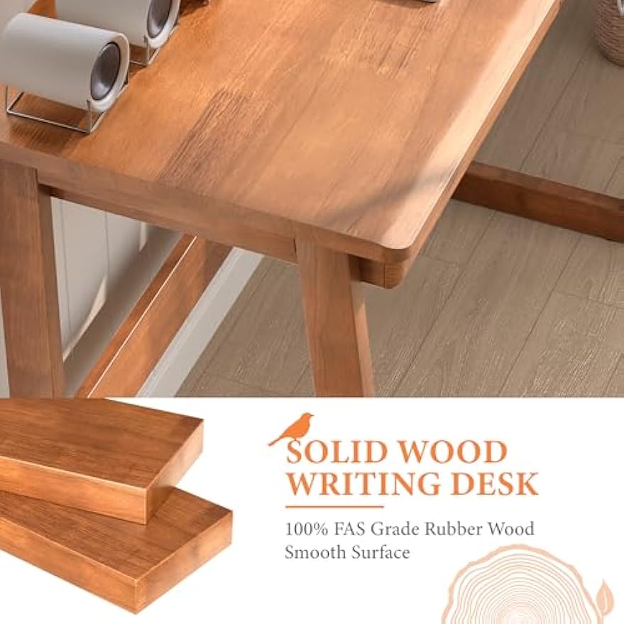 100% Solid Wood Writing Desk - Mid Century Modern Desk, Home Office Desks with Drawers, Walnut Vintage Desks, Laptop Computer Work Study Table for Bedroom, Living Room & Office
