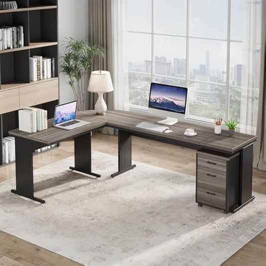 Tribesigns 83 Inch L-Shaped Executive Desk with Drawers, Large Office Computer Desk with File Cabinet, Business Workstation Furniture for Home Office (Gray)