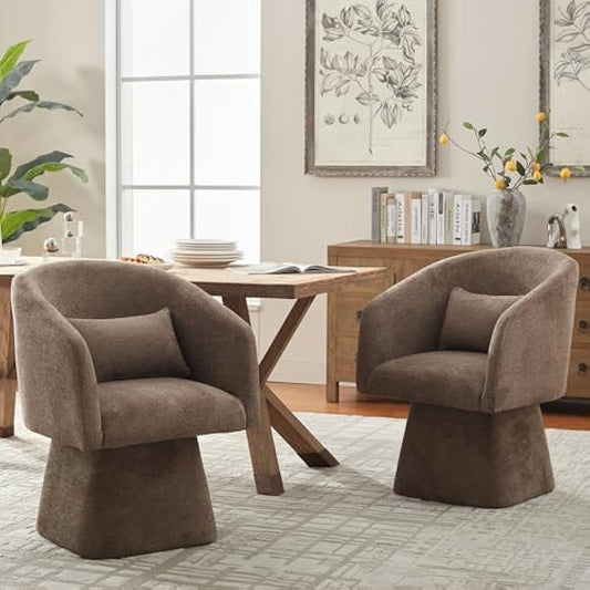 VKNOW Swivel Accent Chair Set of 2, Modern 360°Swivel Barrel Chair with Curve Back Round Arm Chair for Living Room, Bedroom, Reading Room, Brown