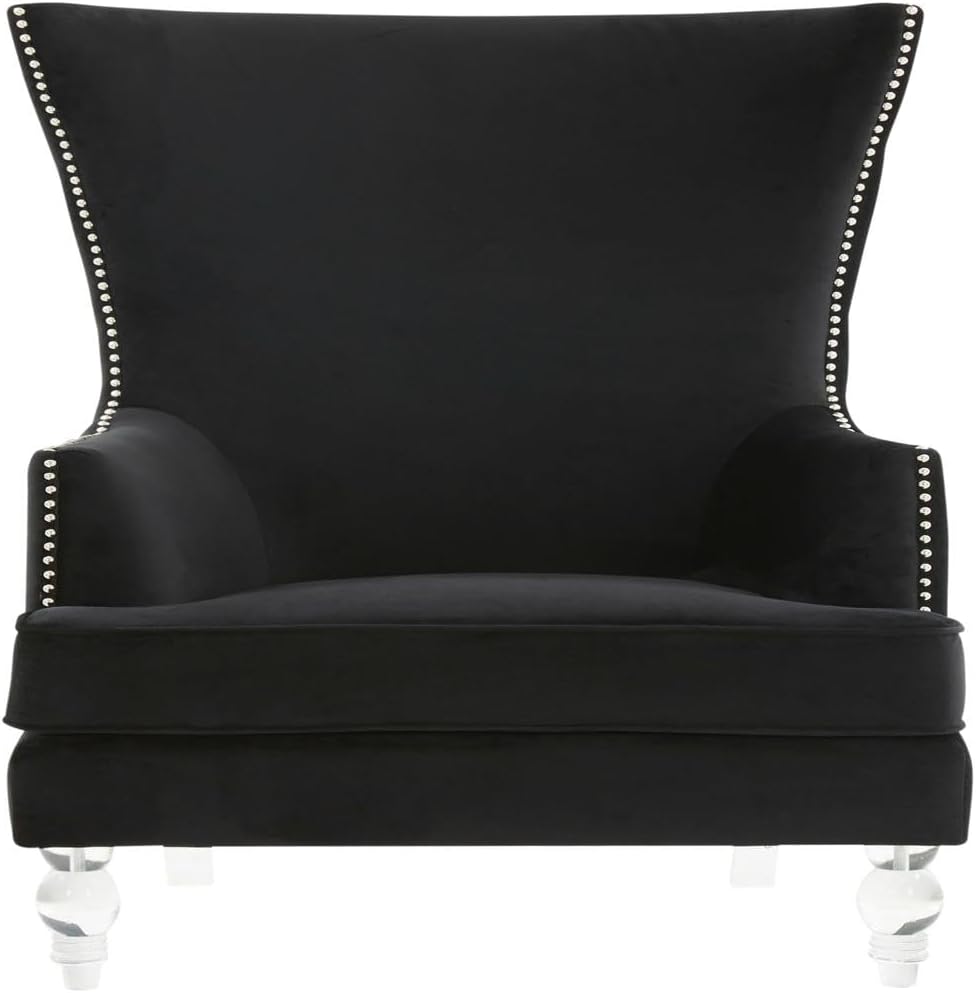 SAFAVIEH Couture Collection Geode Black Velvet Upholstered Wingback Chair with Clear Acrylic Legs & Studded Nailhead Trim for Living Room, Home Office, Study, Bedroom