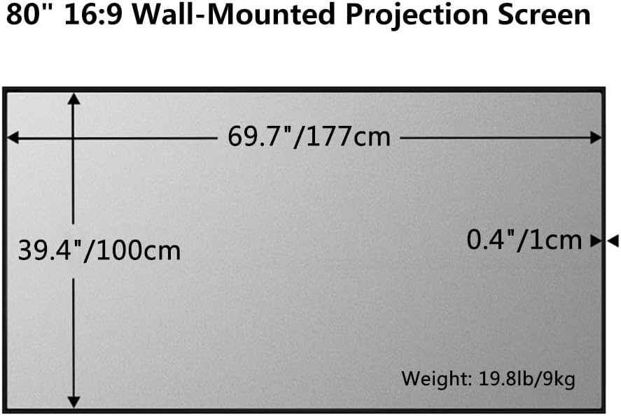 72" 80" 92" Indoor Wall-Mounted Projection Screen, 16:9 Fixed Frame 3D 4K Ultra HD Movie Screen for Office Home Theater Video Game(80" (16:9))