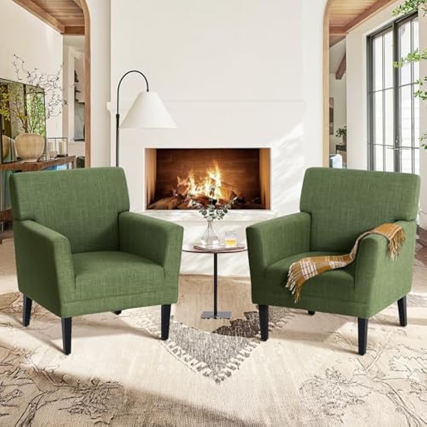 Upholstered Accent Chair Set of 2 for Living Room, Modern Fabric Accent Armchair with Back, Soft Single Sofa Chair with Arms for Bedroom/Office/Reception Room, Green