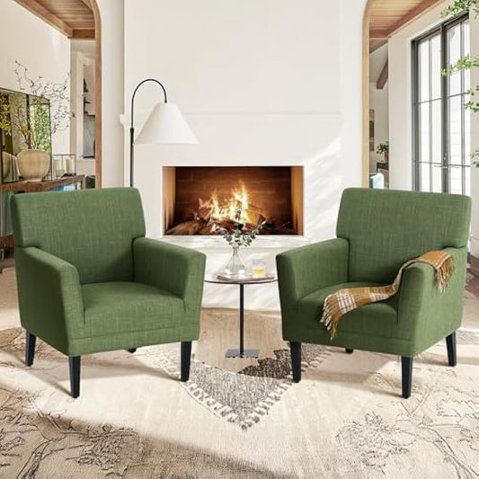 Upholstered Accent Chair Set of 2 for Living Room, Modern Fabric Accent Armchair with Back, Soft Single Sofa Chair with Arms for Bedroom/Office/Reception Room, Green