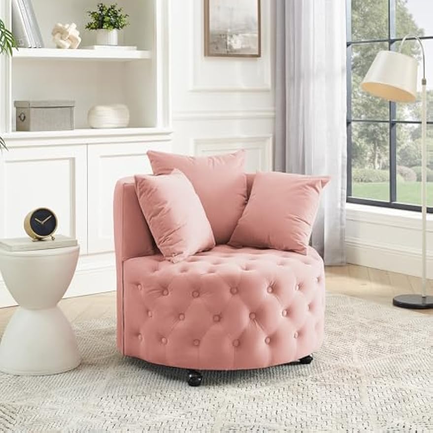 Velvet Upholstered Living Room Swivel, Button Tufted Design and Movable Wheels,Modern Style Home Office Rotary Sofa Chair,w/ 3 Pillows,for Bedroom,Hotel,Apartment,Pink