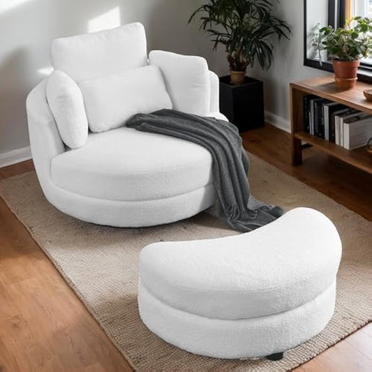 39" W Oversized Swivel Chair Barrel Armchair with Half Moon Storage Ottoman for Living Room, Sherpa Teddy Upholstered Leisure Lounger Chair Circle Round Armchair with 4 Pillows for Bedroom Nursery