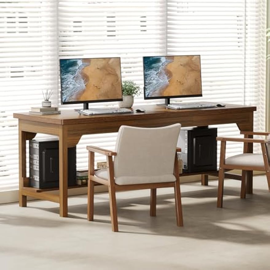 1Easylife 78.74" Extra Long Two-Person Desk, Computer Desk for 2 People, Large Double Desks with Storage Shelf, Writing Study Table Business Workstation for Home Office, Walnut
