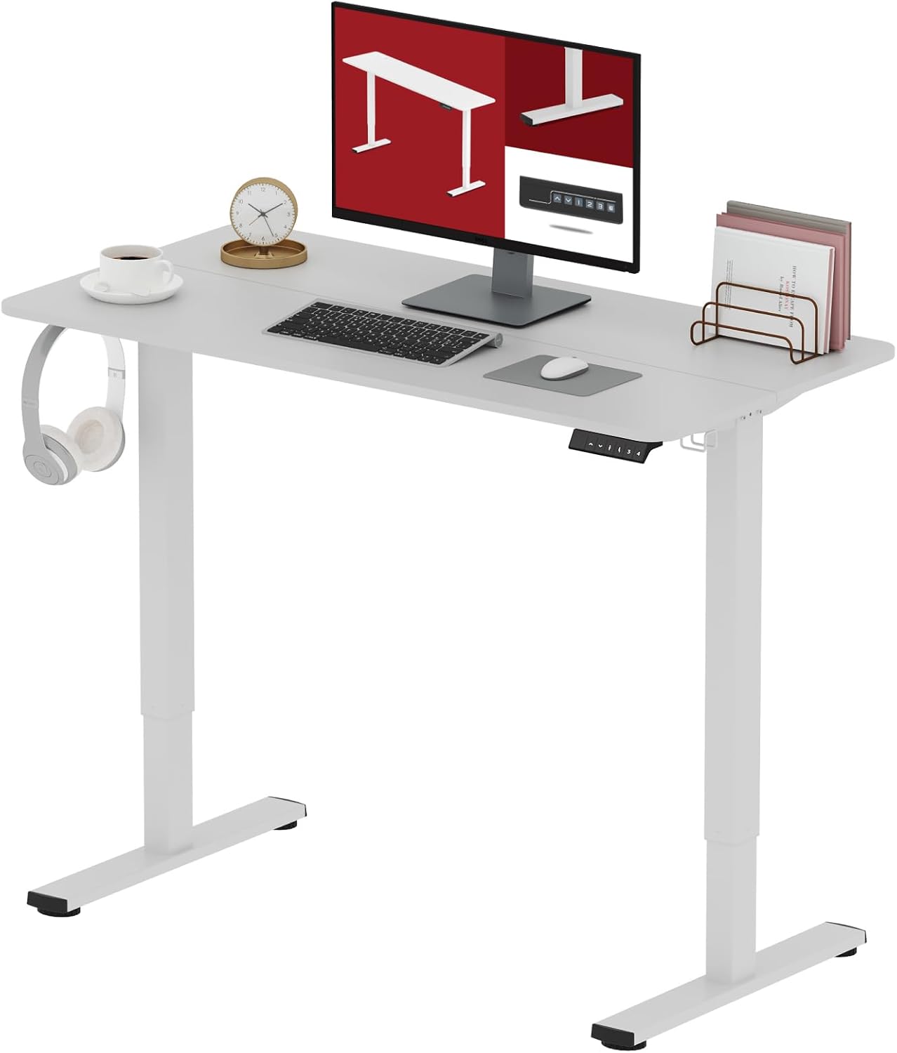 SANODESK Electric Standing Desk 48x24 Inch Height Adjustable Stand Up Desk Home Office Computer Workstation Sit Stand Home Office Desk with Splice Board (White Frame + Maple Top)