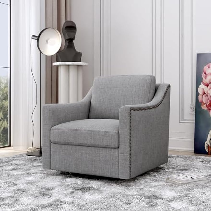 360 Degree Swivel Armchair Cotton Linen Skin-Friendly Fabric Ergonomic Design Brass Nail Decorative Armchair Living Room Chairs Bedroom Chairs Living Room Chairs Black Legs Suitable for Indoor Homes