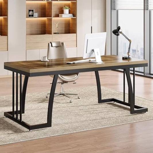 Tribesigns 63" Executive Desk, Large Office Computer Desk with Thick Wooden Desktop & Sturdy Metal Frame, Modern Simple Business Workstation Writing Study Table for Home Office, Rustic Brown & Black