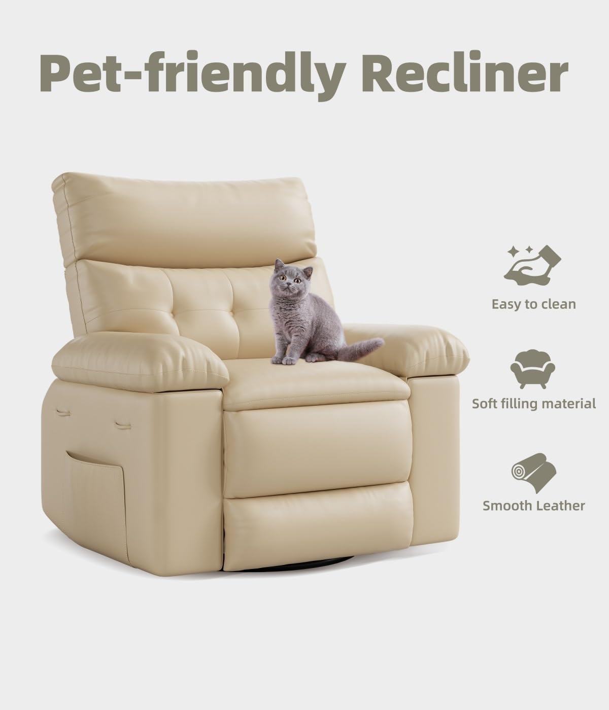 27" Oversized Recliner Chairs with Heat and Massage - 360° Swivel Lazy Recliner Chair for Adults- Manual Rocking Chair with Remote Control for Living Rooms, Bedrooms and Nurseries - Creamy