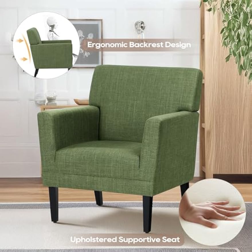 Upholstered Accent Chair Set of 2 for Living Room, Modern Fabric Accent Armchair with Back, Soft Single Sofa Chair with Arms for Bedroom/Office/Reception Room, Green