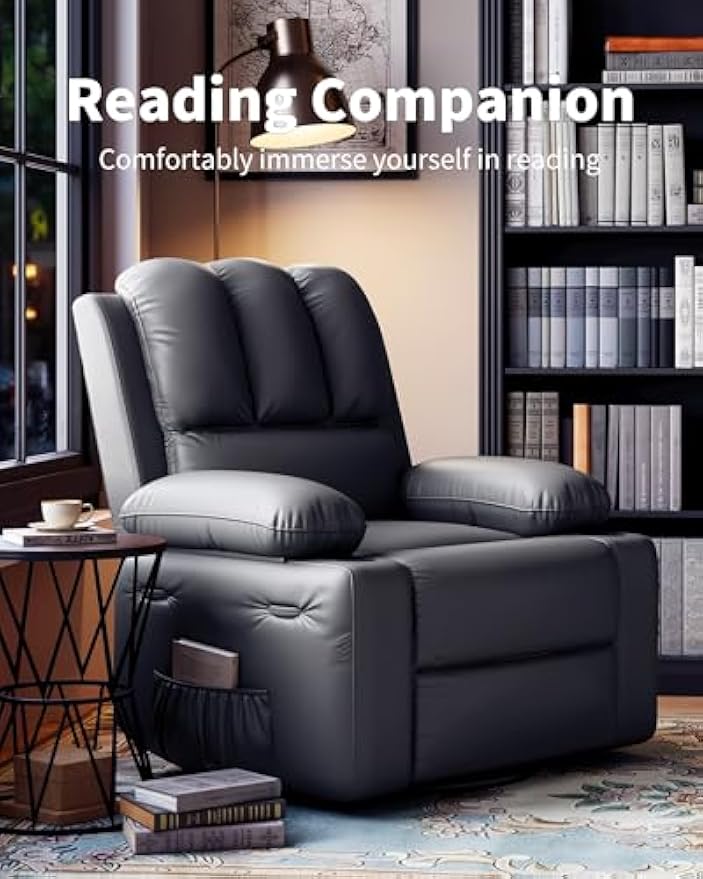 22'' Leather Recliner Chair for Adults, Overstuffed Manual Recliner Chair, Single Sofa with Cup Holder and Side Pockets, Upholstered Chair for Living Rooms, Gray