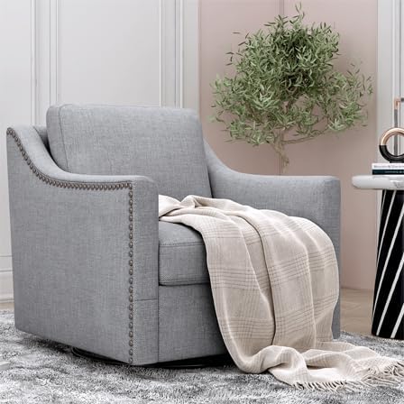 360 Degree Swivel Armchair Cotton Linen Fabric Ergonomic Design Brass Nail Decorative Armchair Living Room Chairs Bedroom Chairs (Gray)