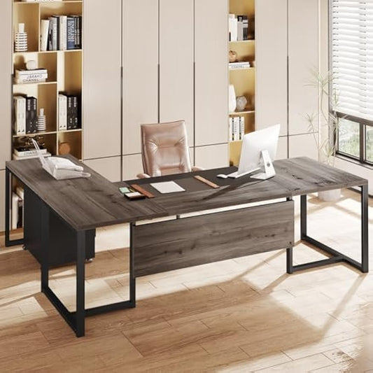 Tribesigns 70.8" L-Shaped Executive Desk with Drawer Cabinet, Large Executive Office Desk with Separate File Cabinet, Home Office Desk Workstation Business Furniture Set, Retro Gray