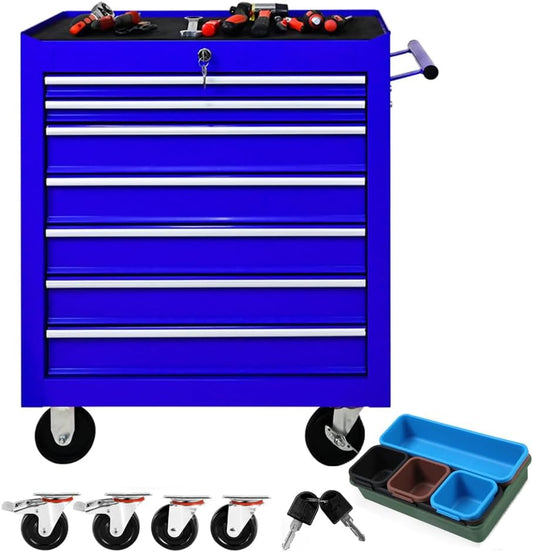 7 Drawer Tool Chest with Wheels,Metal Locking Rolling Tool Box with Tool Organizer Trays for Tool Storage Organizer,Portable Standing Mechanic Toolbox for Garage,30 in Tall Tool Cabinet Blue