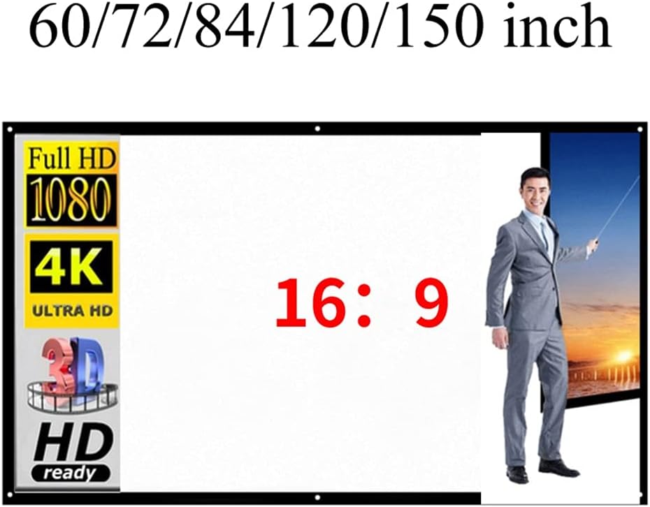 16:9 Full Projector Screen Home Cinema 60/72/100/150 Inch Indoor Outdoor Foldable Video Projection Screen Projector (Size : 72 inch) ()