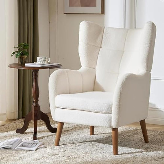 Accent Chair, Ivory White, Modern Retro Club Chair, Birch Frame, Upholstered Teddy Wool Fabric, Single Sofa Armchair for Small Spaces, Living Room, Bedroom, Reading Corner, Balcony,Office