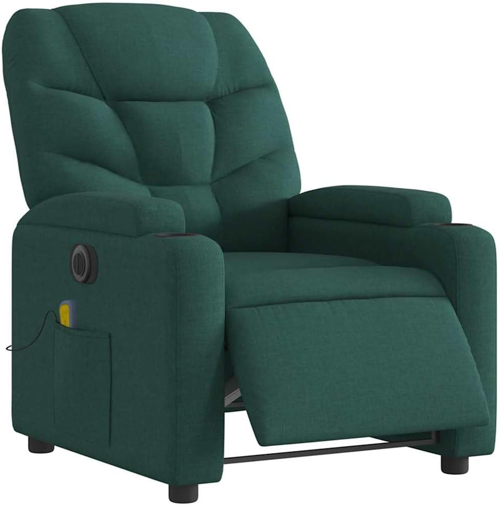 vidaXL Dark Green Manual Massage Recliner Chair - Fabric Upholstered Vibrating Lounge Armchair with Cup Holders for Living Room