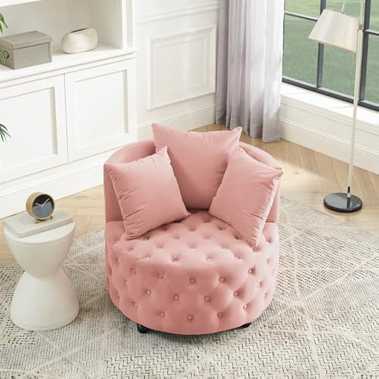 Velvet Upholstered Living Room Swivel, Button Tufted Design and Movable Wheels,Modern Style Home Office Rotary Sofa Chair,w/ 3 Pillows,for Bedroom,Hotel,Apartment,Pink