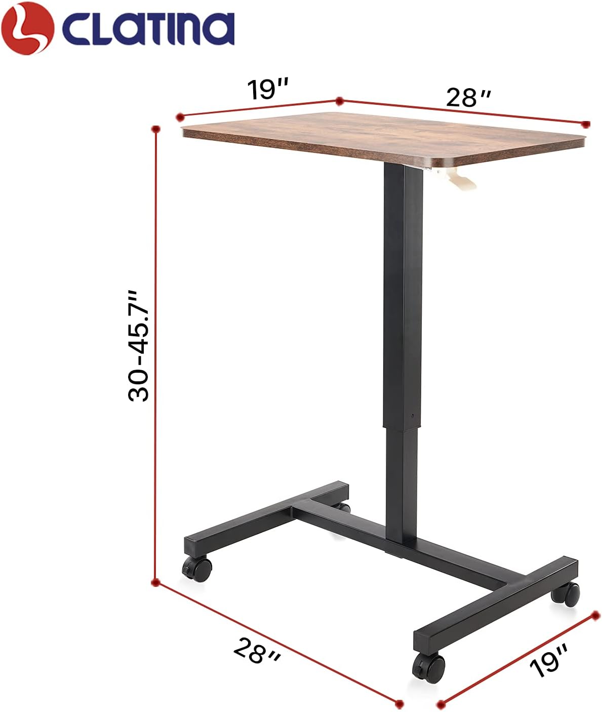 CLATINA Round Edge Design Elegant Mobile Laptop Desk Pneumatic Sit to Stand Table, Height Adjustable Rolling Cart with Lockable Wheels for Home Office Computer Workstation, 28" x 19" Brown