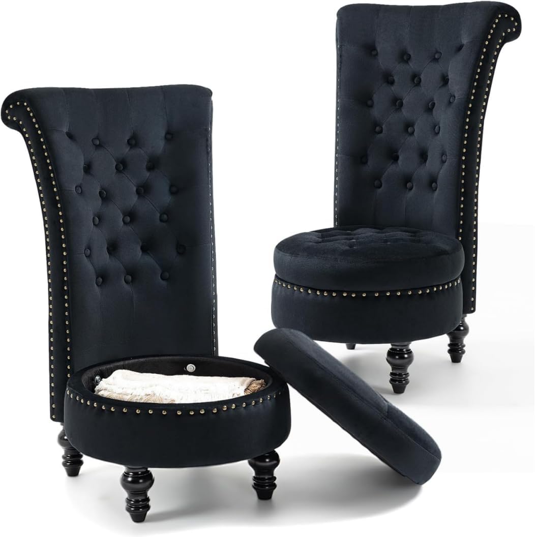 AVAWING High Back Throne Chair Set of 2, Velvet Royal Accent Chair with Button-Tufted Back，Armless Gothic Chair w/Storage, Nailhead Trim Design & Rubber Wood Legs for Living Room & Bedroom, White