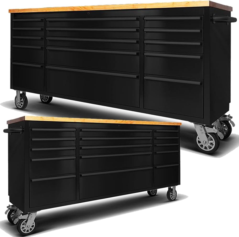 2 Pack - 72" Stainless Steel Rolling Tool Chest with 15 Drawers, Mobile Workbench, Assembled Large Tool Box Lockable Storage Cabinet with Wheels for Garage Workshop (2 × HTC7215W1)