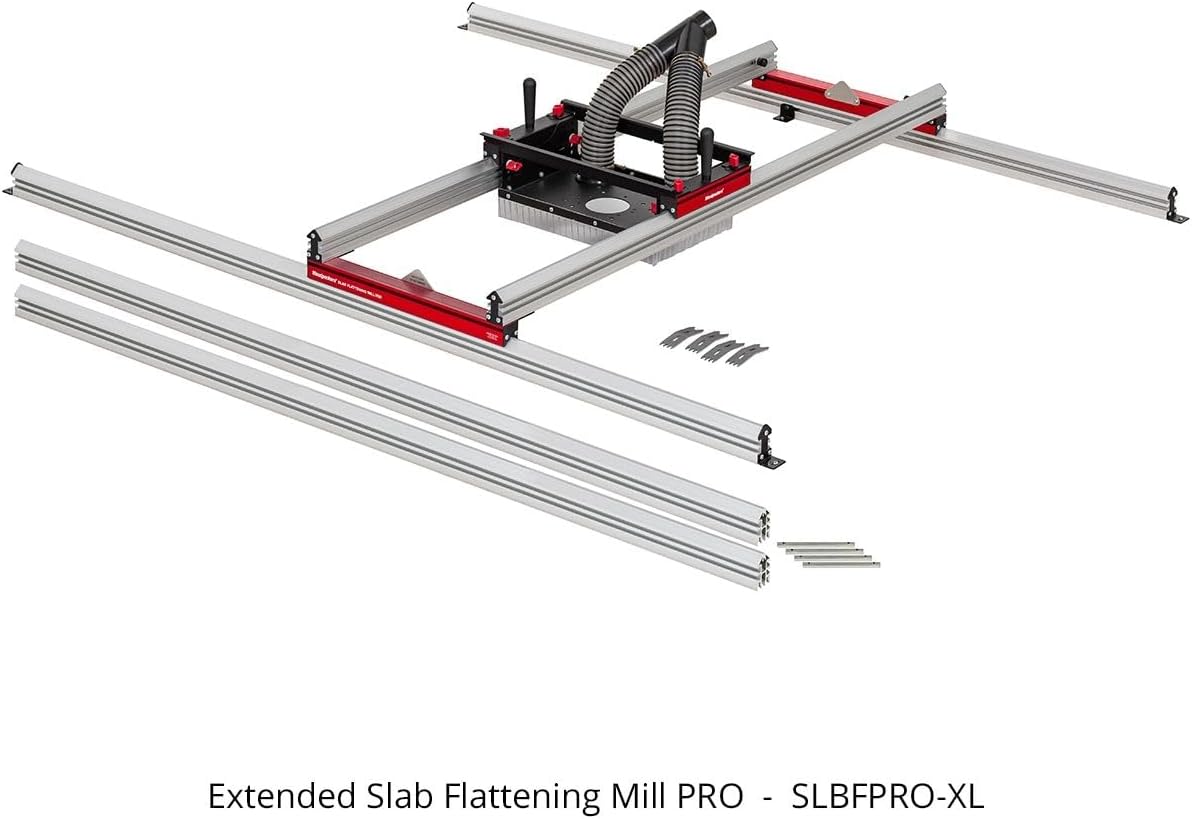 Woodpeckers Slab Flattening Mill Pro, Extended, 48"x134" Capacity, USA Made Wood Slab Leveling Jig, Integrated Dust Collection, Router Sled, Rails, Clamping Dogs