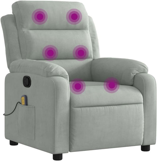 vidaXL Massage Recliner Chair with 6-Point Vibration Massage and Convenient Side Pocket, Light Grey Velvet Rocker, Adjustable Backrest & Footrest Lounge Seat for Living Room, USB Charge Port