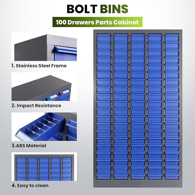 100 Drawers Bolt and Nut Organizer, Stainless Steel Part Cabinet with Shelfs & Labels - 26x9x46in Bolt Bin Cabinets for Workshop Tool & Hardware Storage and Organization (100 Drawer Stainless Steel)