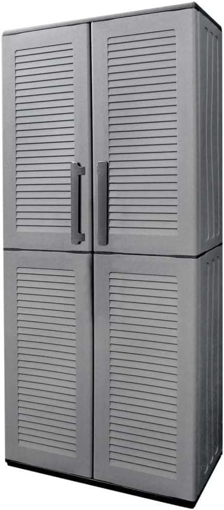vidaXL Compact Garden Storage Cabinet, Polypropylene Outdoor Tool Organizer, Gray and Black, with Adjustable Shelves and Steel Hinges