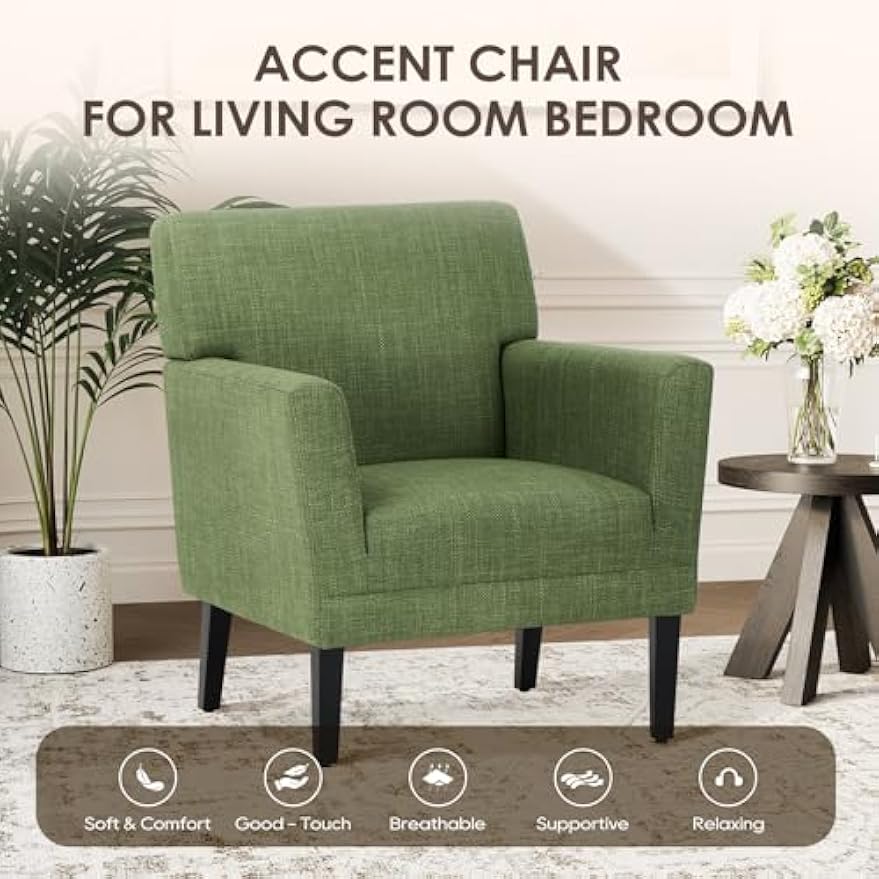 Upholstered Accent Chair Set of 2 for Living Room, Modern Fabric Accent Armchair with Back, Soft Single Sofa Chair with Arms for Bedroom/Office/Reception Room, Green