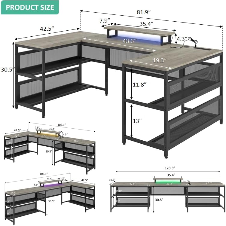 U Shaped Desk with Shelve & LED Lights, 82" Reversible L Shaped Desk with Drawers, 2 Person Corner Computer Desk Home Office Desk Gaming Table with Monitor Stand & Storage Shelves(Gray)
