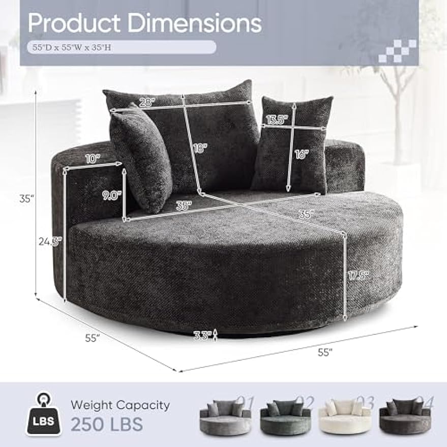 SLEERWAY 55"W Oversized Swivel Accent Chair, Large Barrel Chairs Upholstered Round Swivel Chair, Chenille Single Sofa Armchair, Modern Sleeper Chair for Living Room, Lounge and Projection Room, Black