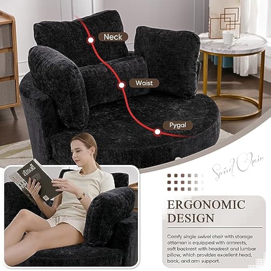 Swivel Chair, Swivel Barrel Accent Sofa Chair, Modern Chenille Club 360 Degree Swivel Chair, 42-inch Oversized Leisure Arm Chair for Nursery, Living Room, Hotel, Bedroom, Office, Lounge, Black