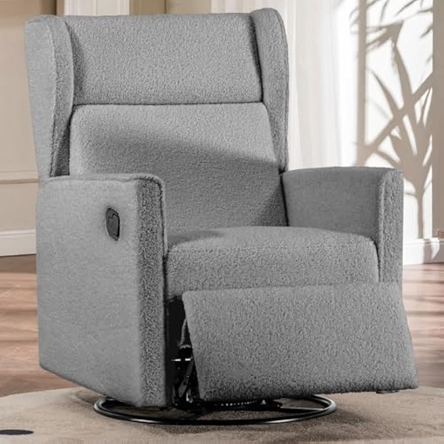 COMHOMA Nursery Rocking Chair Teddy Upholstered Swivel Rocker Recliner Manual Glider Reclining Chair for Living Room Bedroom Offices (Grey, 2 pcs)