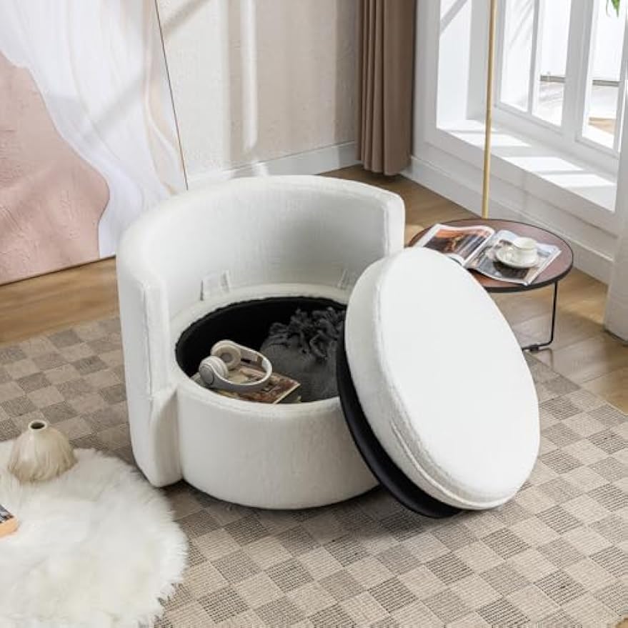 Round Swivel Cuddle Barrel Armchairs with Wide Upholstered, Accent Storage Chairs Fluffy Wool Fabric Chair for Living Room, Bedroom, Office, Waiting Rooms Ivory As Shown