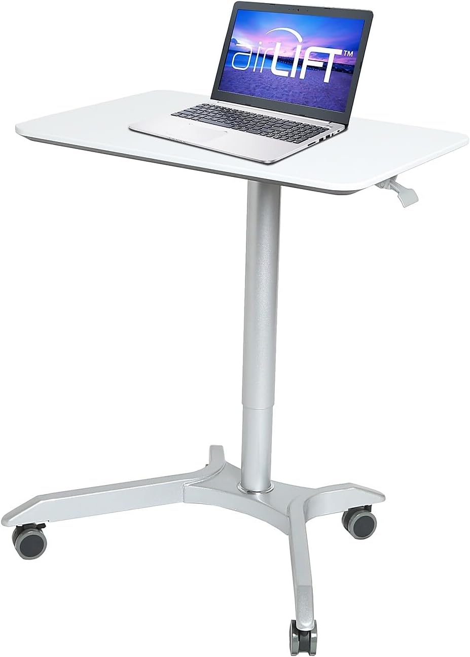 Seville Classics Airlift Height Adjustable Pneumatic Laptop Sit Stand Desk Mobile Rolling Cart, Computer Workstation for Home Office, Classroom, White, 25.6" Desktop