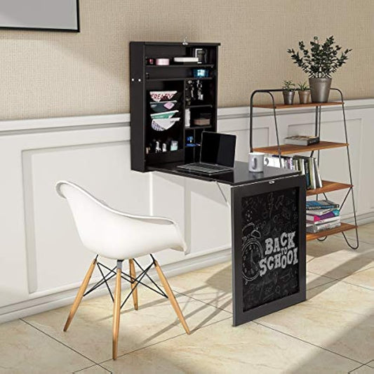 Tangkula Wall Mounted Table, Fold Out Convertible Desk with Chalkboard, Multi-Functional Wall Mounted Laptop Desk, Writing Desk Home Office Desk with Large Storage Area