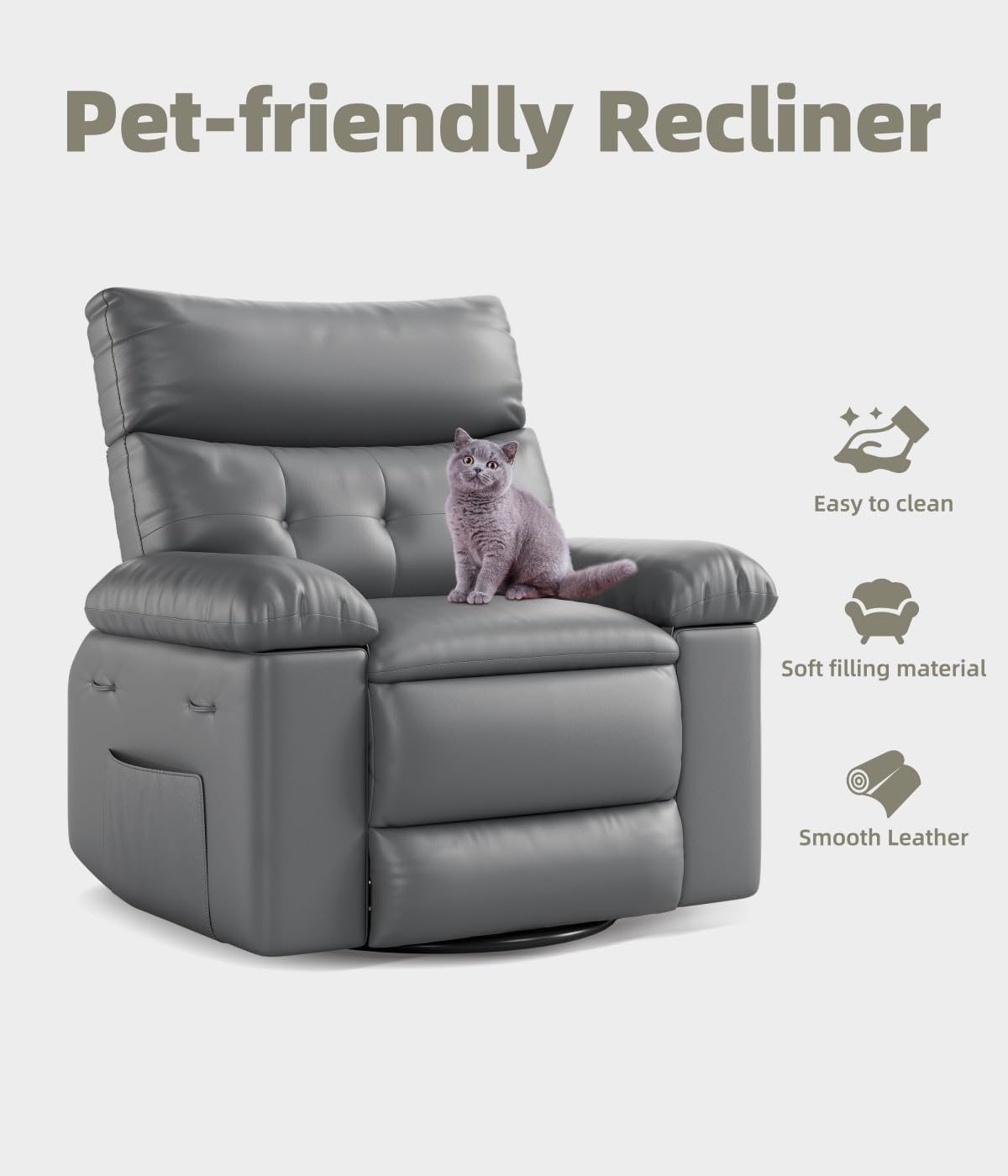 27" Oversized Recliner Chairs with Heat and Massage - 360° Swivel Lazy Recliner Chair for Adults- Manual Rocking Chair with Remote Control for Living Rooms, Bedrooms and Nurseries - Grey