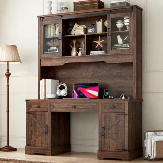 76" Height Farmhouse Desk with Sliding Door Hutch, Wood Office Executive Workstation Computer Desk with Charging Station, Drawers and Storage Cabinet, for Work, Sturdy, Game, Brown