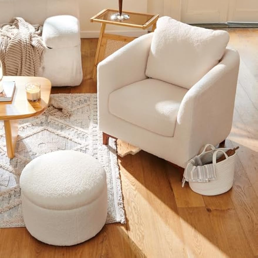 COLAMY Upholstered Sherpa Accent Chair with Storage Ottoman Set of 2, Barrel Living Room Side Chair with Back Pillow, Single Sofa Armchair for Bedroom/Office/Reading Spaces, Cream