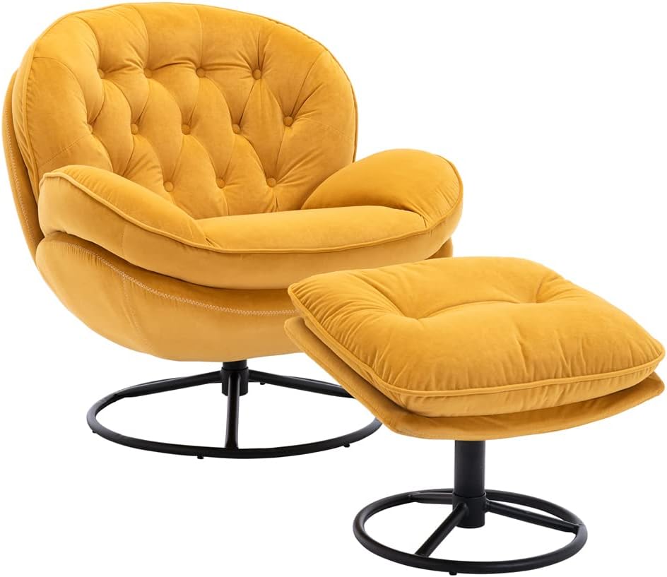 Velvet 360 Degree Swiveling Accent Chair with Ottoman Set, Modern Lounge Sofa Chair with Metal Base Frame & Footrest, Comfy Single Leisure TV Chair Reading Chair for Living Room and Office, Yellow
