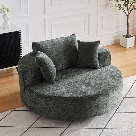55" Oversized Swivel Barrel Chair Accent Chair- 360 Degree Fluffy Chenille Upholstered Round Reading Lounge Armchair Cloud Couch w/Adlustable Headrest and 3 Pillows for Living Room, Office
