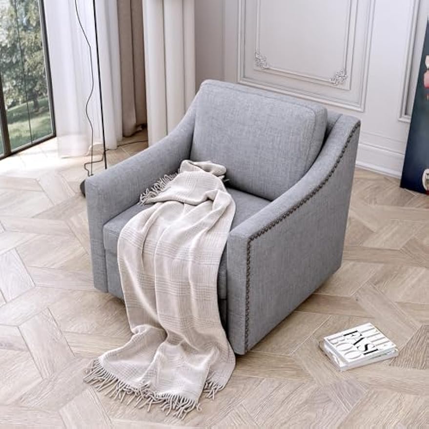 360 Degree Swivel Armchair Cotton Linen Skin-Friendly Fabric Ergonomic Design Brass Nail Decorative Armchair Living Room Chairs Bedroom Chairs Living Room Chairs Black Legs Suitable for Indoor Homes