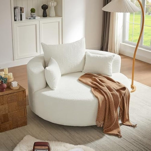 55" Oversized Round Swivel Accent Barrel Chair, Modern 360 Degree Chenille Upholstered Comfy Chaise Lounge Chair Indoor, Deep Seat Single Sofa Armchair for Living Room,Bedroom,Office, Beige